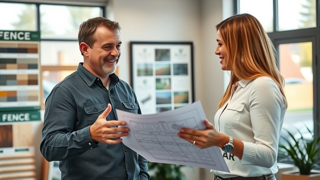 Friendly fence company consultant meeting with customer over blueprints and fence samples | fence company roseville