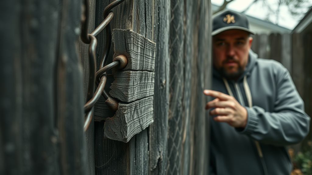 Weathered, leaning wooden fence with rot and rusted chain link, fence repair needed in sacramento area