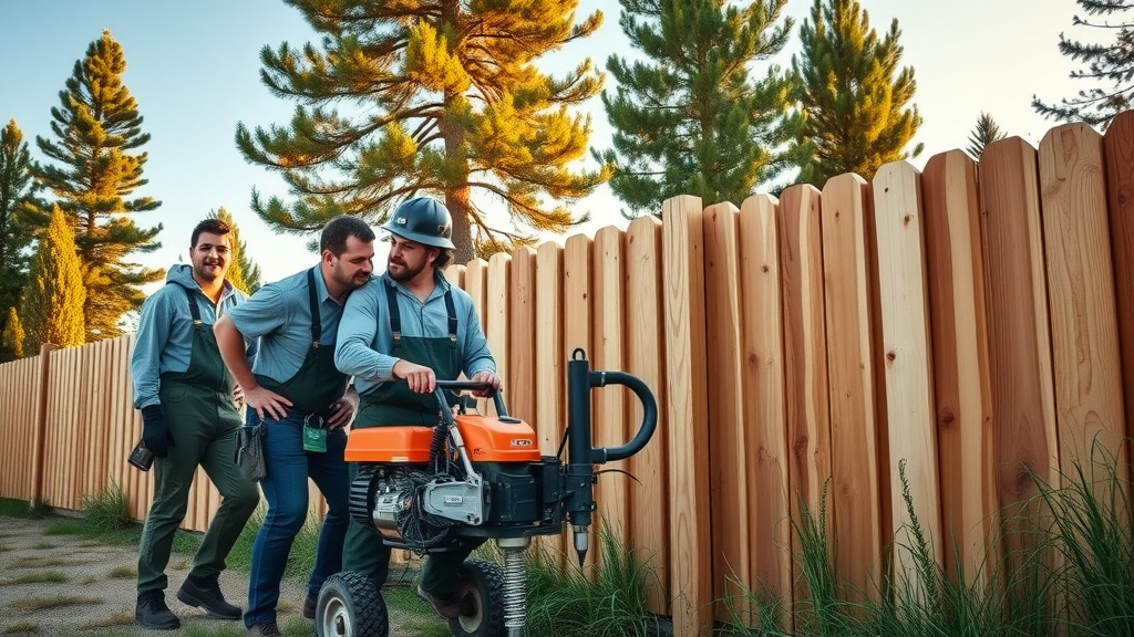 Team of Sacramento fencing professionals installing a modern wooden fence with post hole drilling equipment Sacramento