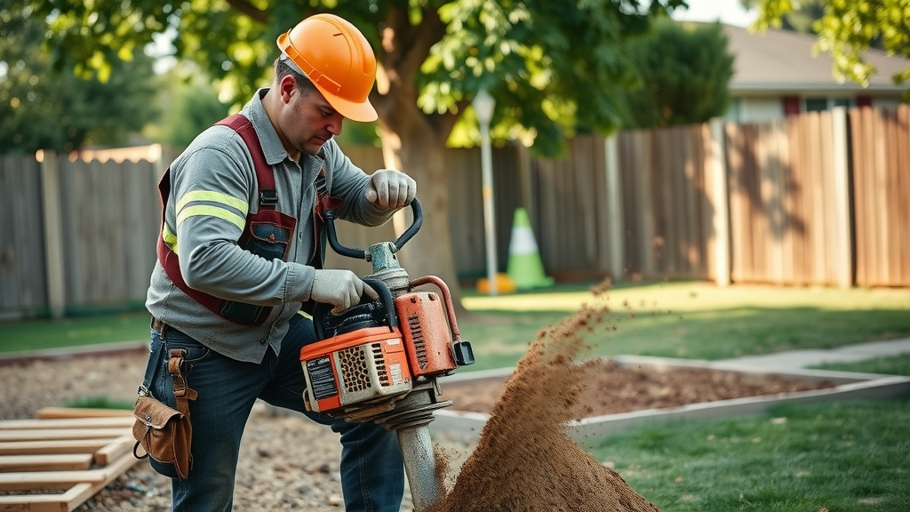 post hole drilling sacramento professional contractor using hydraulic auger in Sacramento backyard fence project