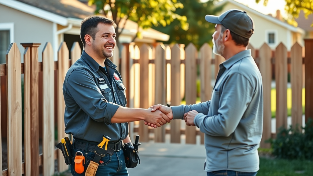 Friendly professional fence gate repair technician shakes hands with happy Sacramento homeowner in front of newly fixed fence gate, showing expert fence gate repair Sacramento