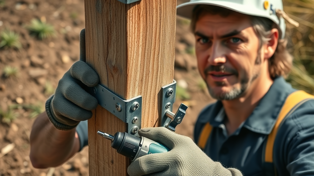 close-up of a professional reinforcing a wooden fence gate post with steel brackets and a power drill, demonstrating expert home improvement care.