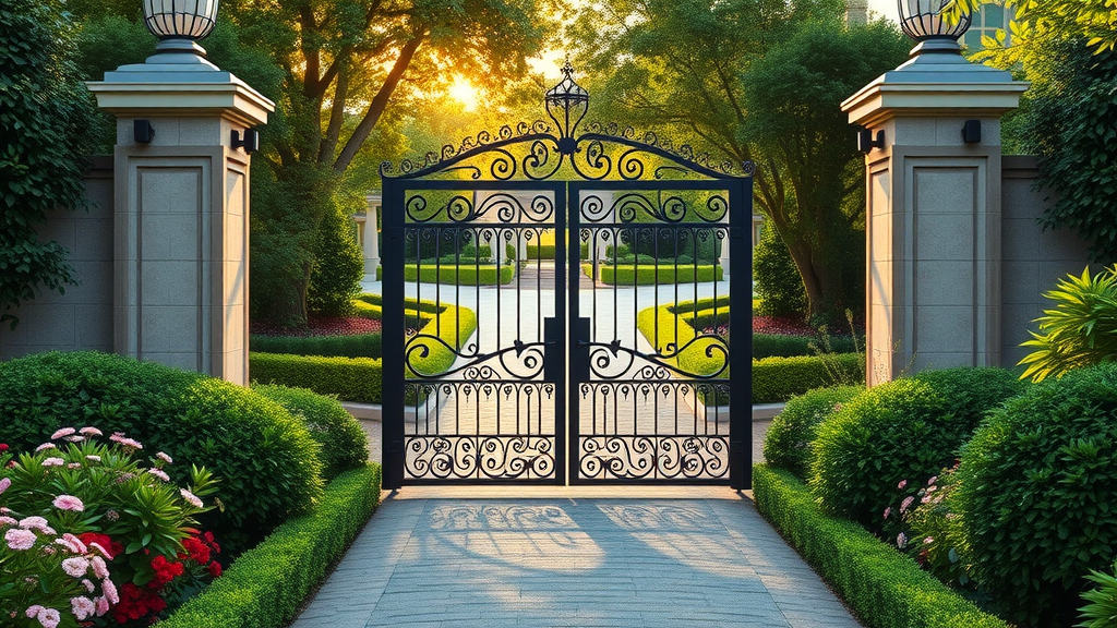 Elegant restored iron gate leading to a vibrant landscaped driveway, curb appeal, wrought iron gate, metal gate repair sacramento, sunlight, lush garden