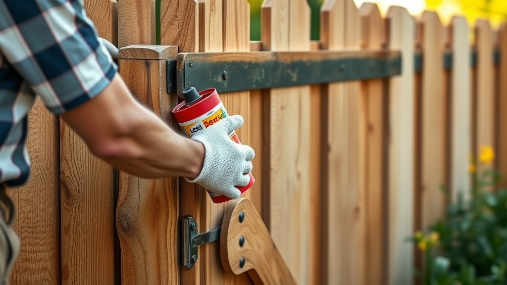 homeowner applying wood sealant to a freshly repaired wooden fence gate, illustrating home improvement and wood longevity.