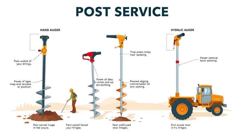 Affordable post hole drilling Sacramento equipment infographic—hand auger, power auger, hydraulic auger compared for residential and commercial use