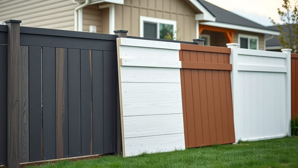 Modern vinyl fencing panels in different colors and textures for vinyl fencing roseville displayed side by side in an outdoor showroom.