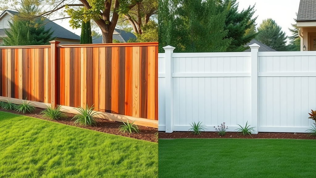 Redwood fence vs vinyl fence for Roseville homes, side-by-side backyard, green lawns, authentic textures, crisp lines, natural wood, bright white colors, morning sunlight