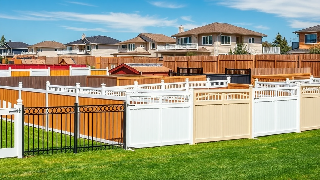 display yard with wood, vinyl, ornamental iron, and aluminum fence sections installed by local fence installers Roseville