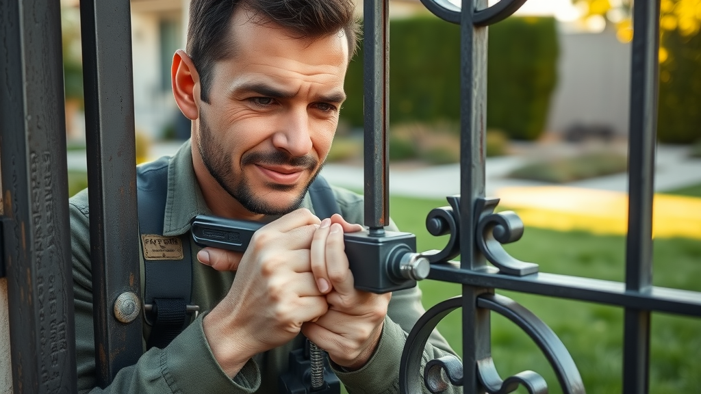 skilled gate repair technician using specialized tools on wrought iron gate emergency service sacramento