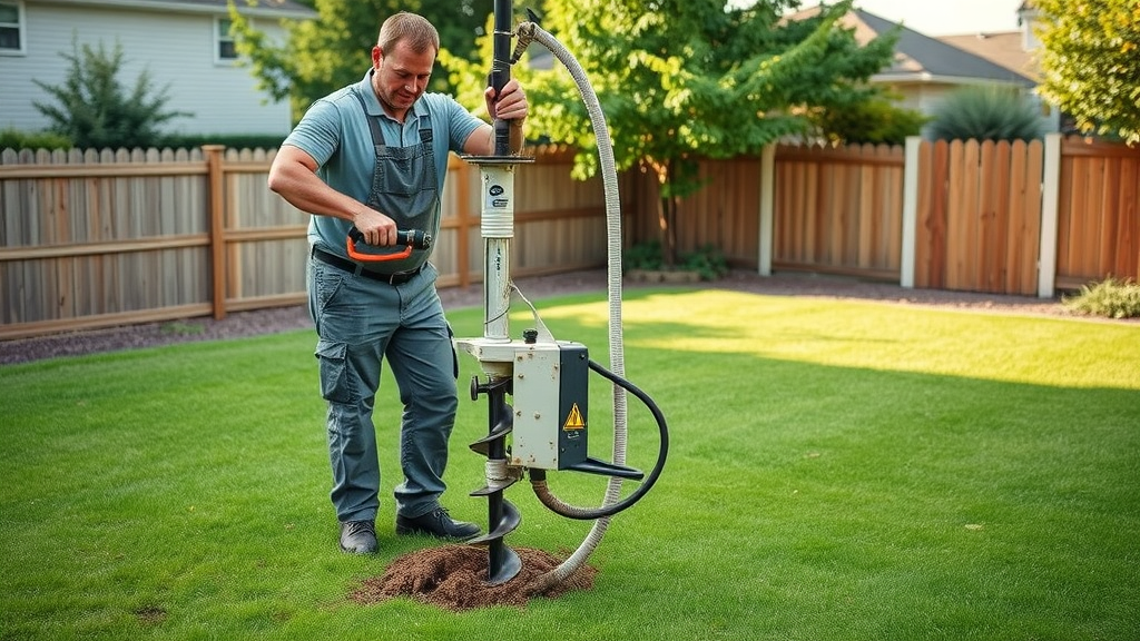 Professional worker using auger for affordable post hole drilling Sacramento in lush urban backyard