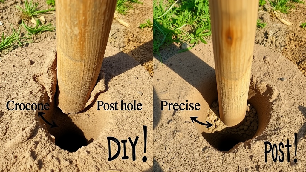DIY versus professionally drilled post hole—affordable post hole drilling Sacramento quality comparison, showing clean and crooked holes