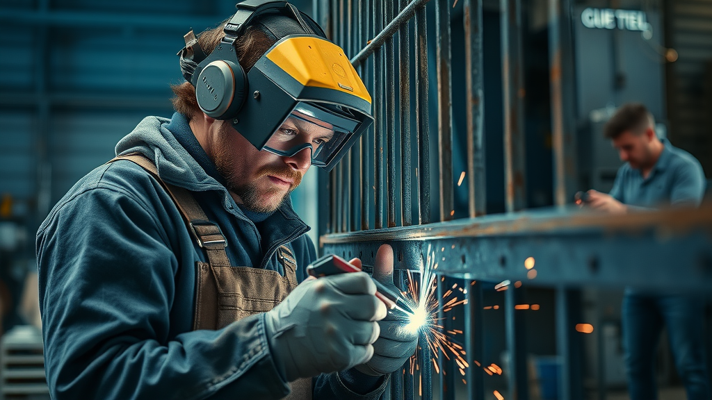 Metalworker in safety gear repairing a large metal gate, welding and restoring, metal gate repair sacramento, workshop with tools and sparks flying