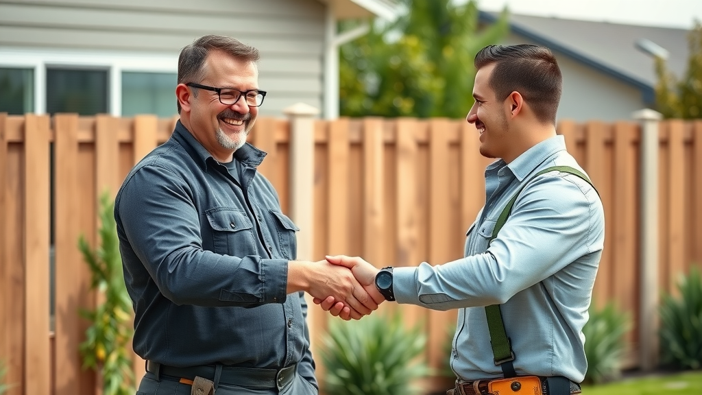 Confident customer shaking hands with friendly fence contractor, satisfied after Roseville fence installation