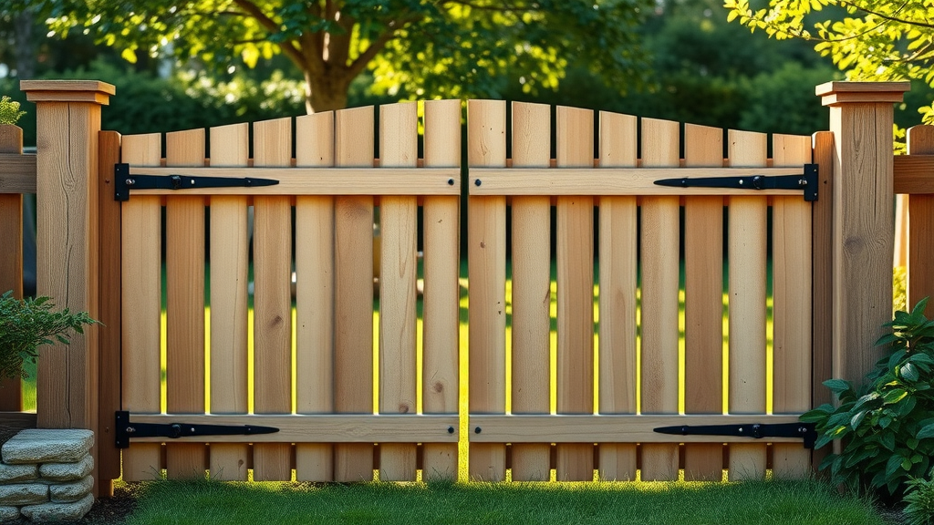 sturdy wooden fence gate, perfectly aligned against a lush garden background, showing well-maintained wood grain and vibrant oak and brown colors, hinting at proper wooden fence gate repair and care, with morning sunlight.