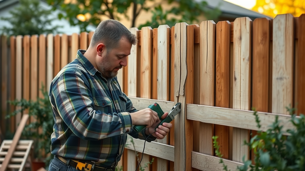 Skilled Roseville technician repairing broken wooden fence, fence repair and maintenance, expert service