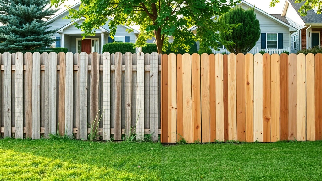 side-by-side display of privacy fence, chain link fence, wood fence, and vinyl fencing in a residential setting