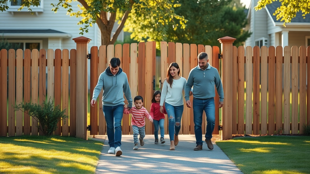 secure residential neighborhood with family walking near a well-maintained and sturdy residential fence gate