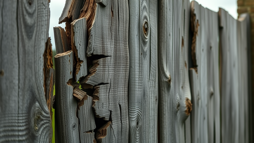 aged and weathered wooden fence gate, close-up of rot and splintered wood, showing faded gray-brown colors and early-stage wooden fence gate repair needs.