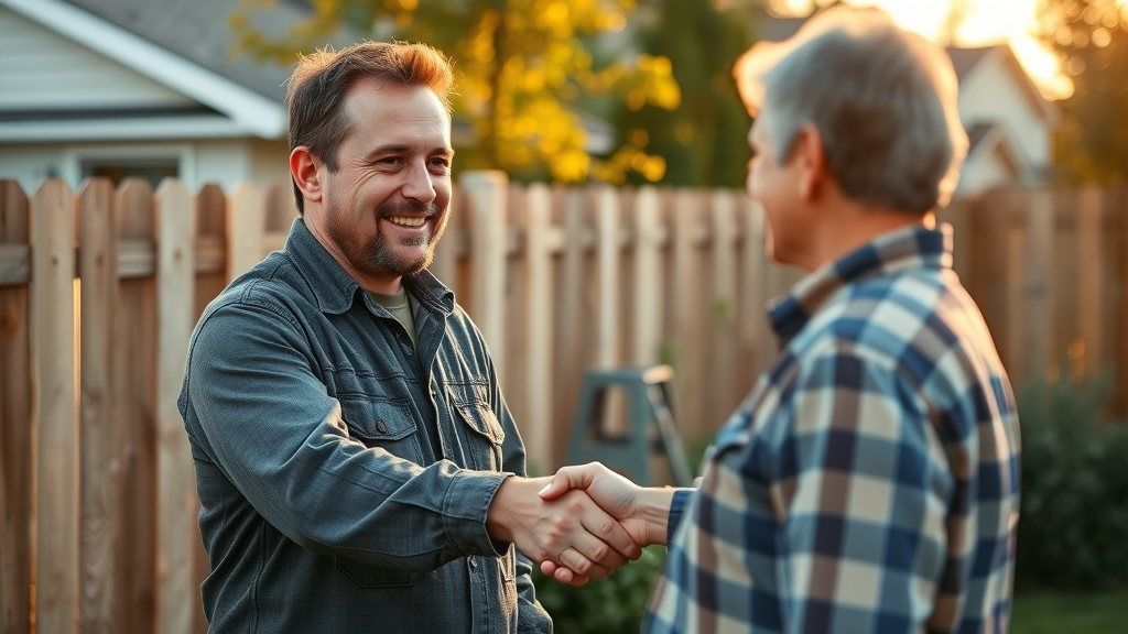 dedicated local fence contractor shaking hands with Roseville homeowner outside completed fence installation