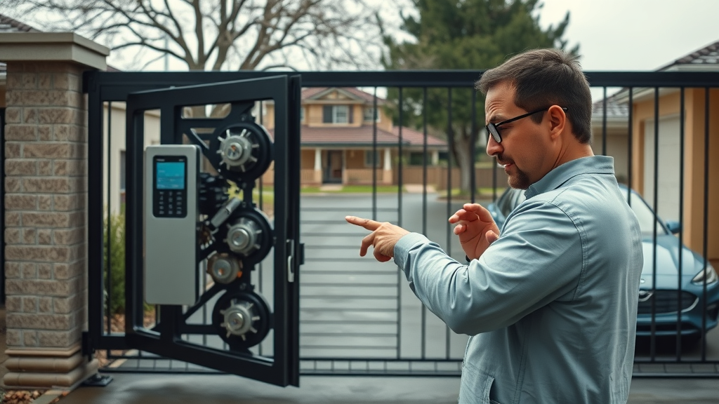 Automatic driveway gate stuck open with Sacramento homeowner checking keypad, gears exposed, electric car, shows common automatic gate repair issues in Sacramento
