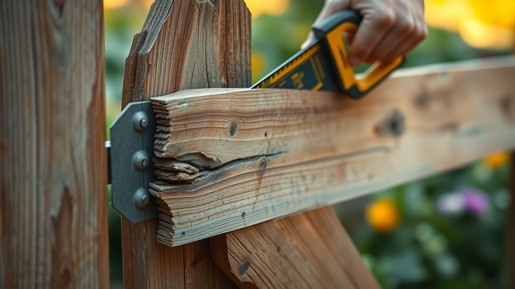 hand carefully removing rotted wood from a wooden fence gate with a saw, demonstrating best practices for rotted section repair in wooden fence gate restoration.