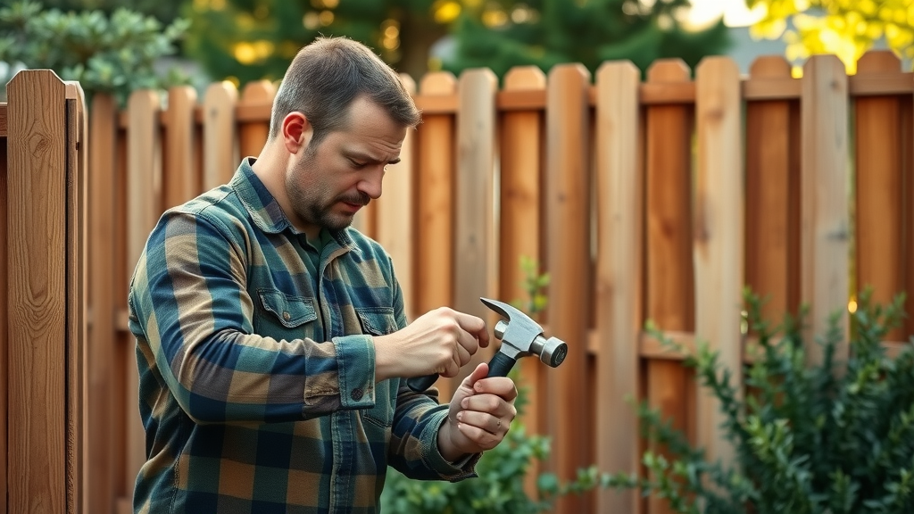 Skilled technician repairing a redwood fence in a Roseville backyard, using professional tools amidst mature landscaping