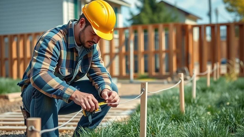 Skilled fence contractors measuring property line during privacy fence installation | fence installation roseville