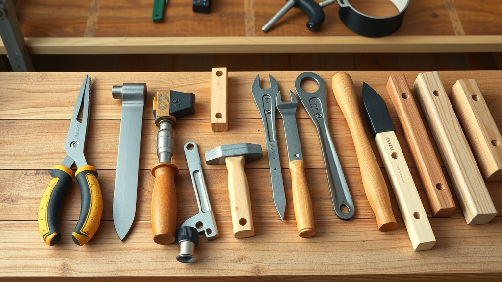 tools for wooden fence gate repair neatly arranged on a wooden workbench, essential for home improvement experts and landscape contractors.