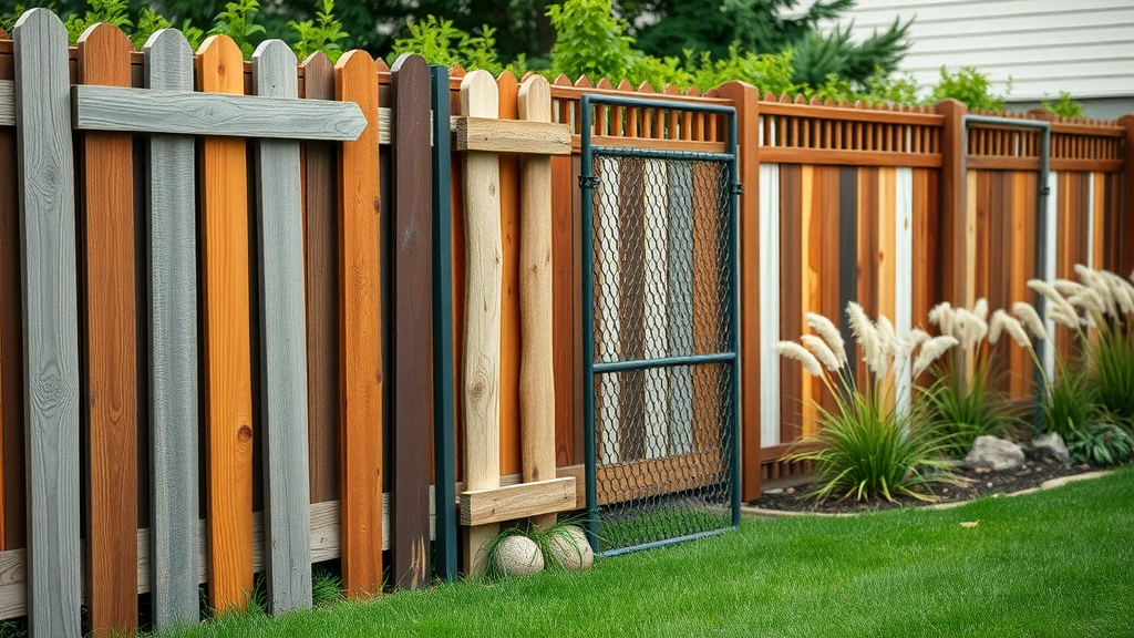Wood, iron, chain link, and composite fence panels lined up, comparing fence types in sacramento area