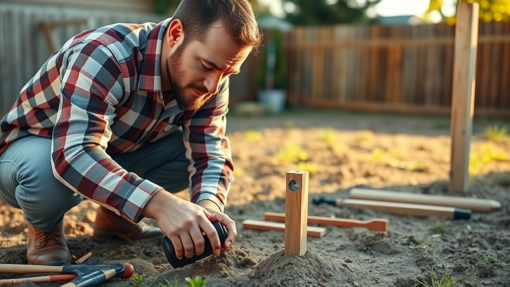 professional contractor measuring and marking for fence post placement in a residential back yard