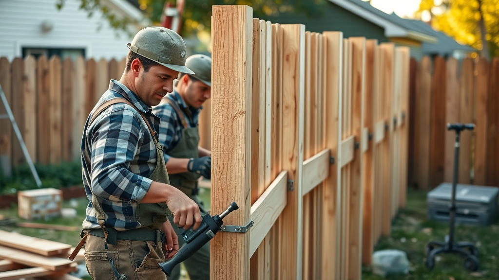 skilled local fence installers Roseville measuring and securing posts during wood fence installation in residential backyard