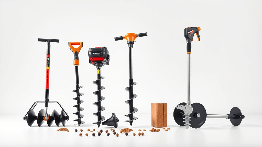 product showcase of top-rated landscaping post hole drilling tools, manual digger, power auger, steel post driver on display, front-facing lineup, highly detailed