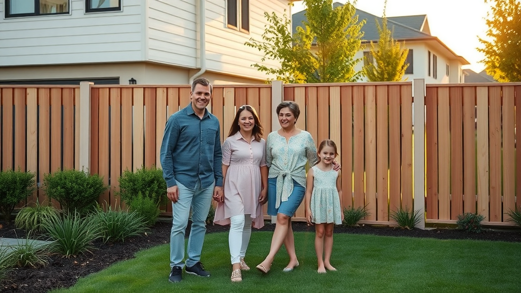 modern suburban home with new privacy fence installation, satisfied family in yard, golden hour lighting