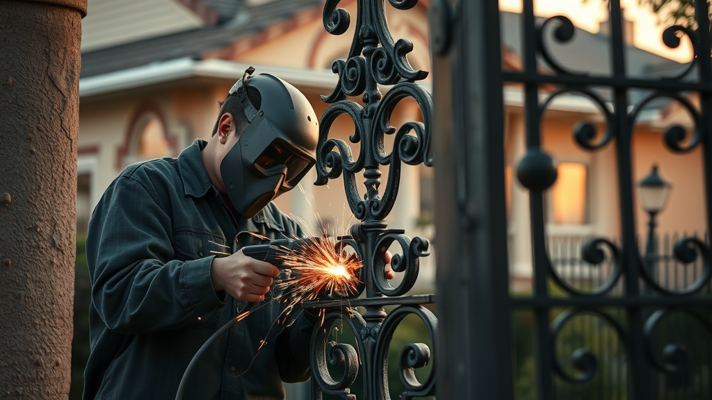 skilled technician repairing ornate wrought iron gate with welding tools in historic Sacramento setting