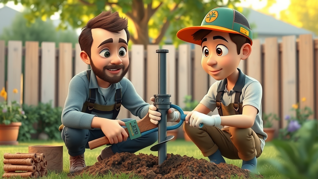 Curious homeowner and fencing expert inspecting and cleaning post hole auger for post hole drilling equipment Sacramento in a backyard