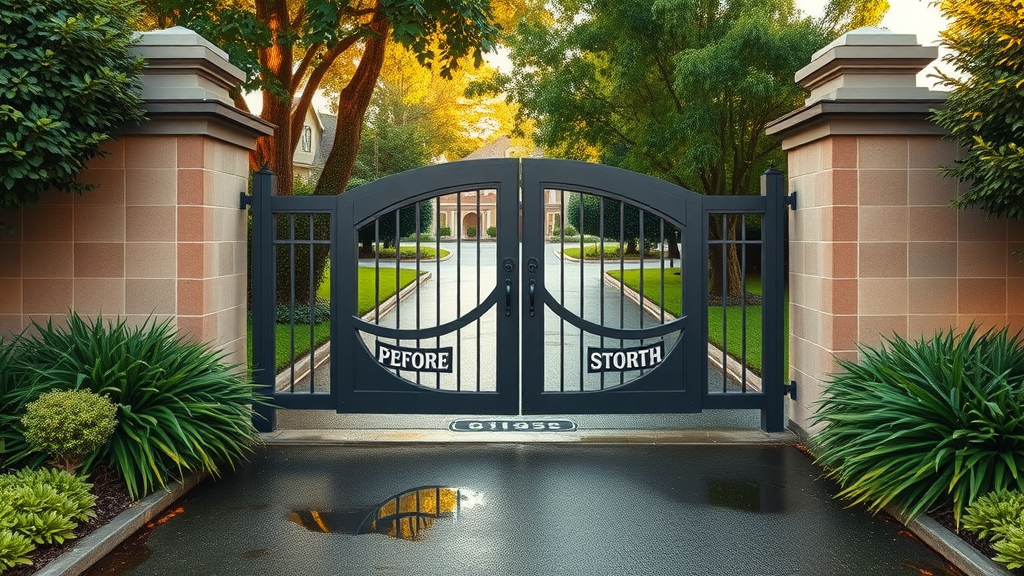 restored driveway gate after storm in Sacramento neighborhood with vibrant greenery and fresh paint, showcasing expert gate repair services Sacramento