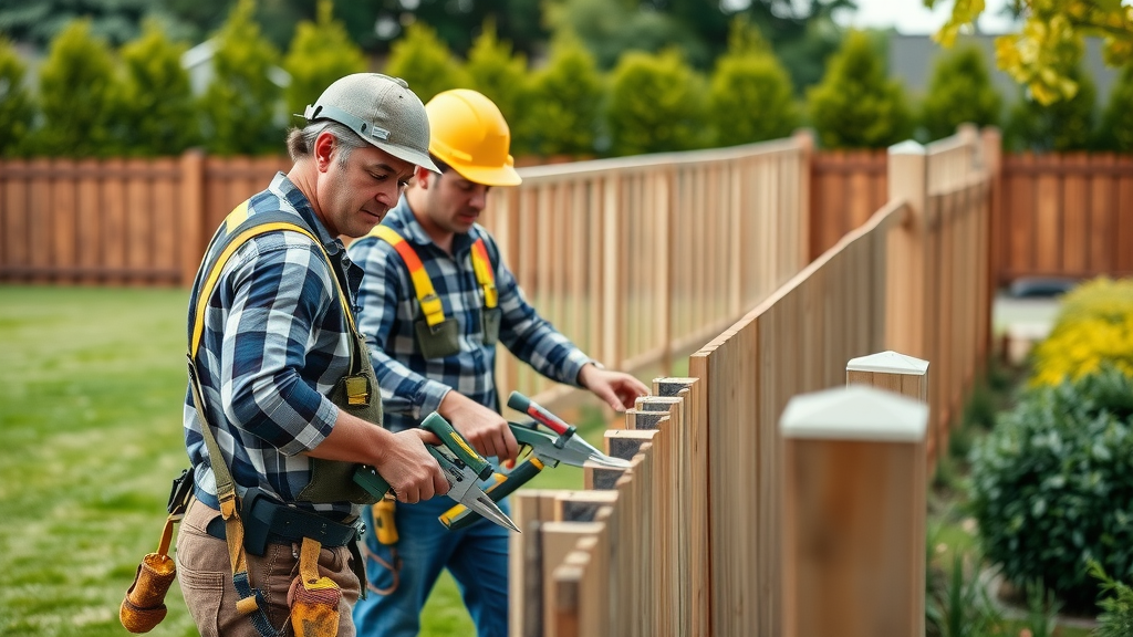 Diligent fence contractors installing a fence, teamwork, professional Roseville backyard setting, fence company roseville