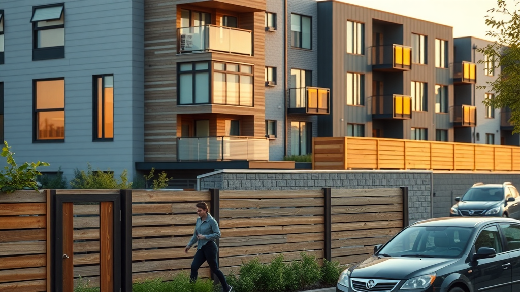 Modern mixed-use property in Roseville featuring both residential and commercial fencing solutions, variety in style and materials