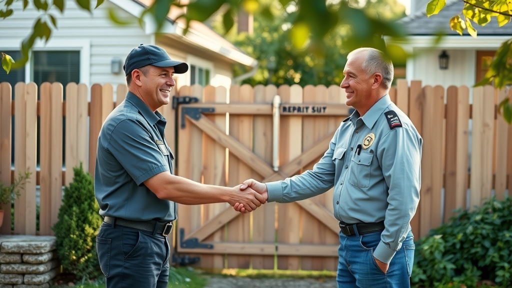 professional fence repair team shaking hands with a satisfied homeowner in front of a successfully repaired residential fence gate
