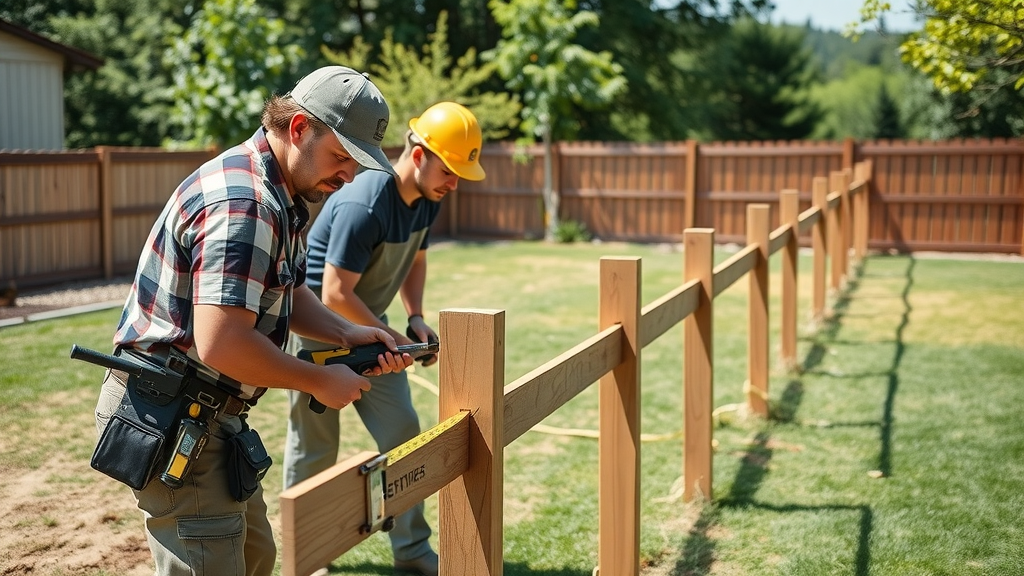 Experienced crew installing wood fence Roseville, using tools, staked property lines, teamwork, detailed fence post installation, midday sunlight