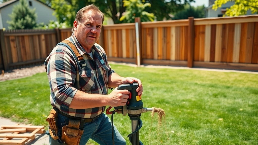 Sturdy construction worker operating a professional post hole auger for post hole drilling equipment Sacramento in a sunlit suburban backyard