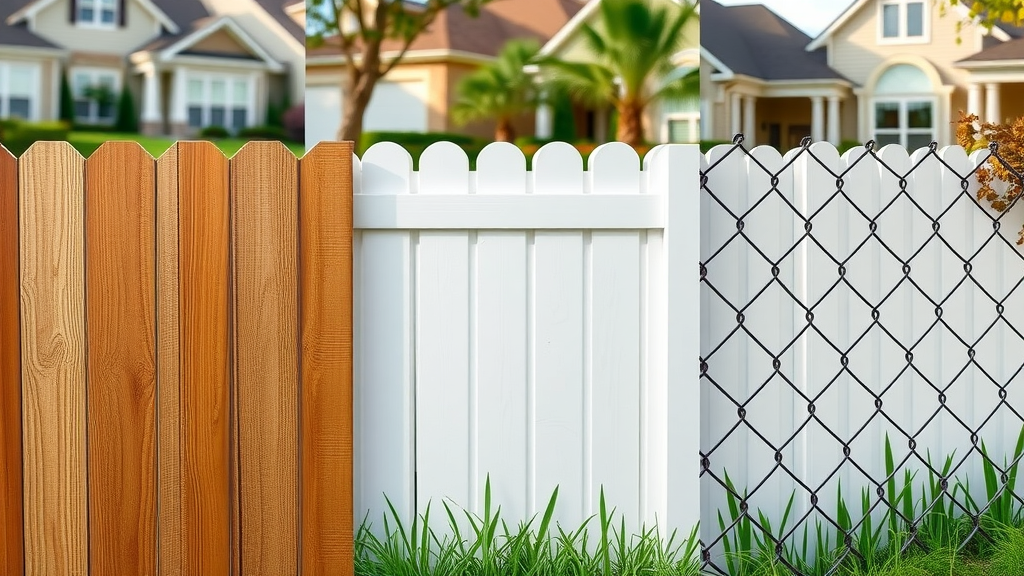 side-by-side comparison of wood, vinyl, and chain link fence styles installed by Roseville fence contractors