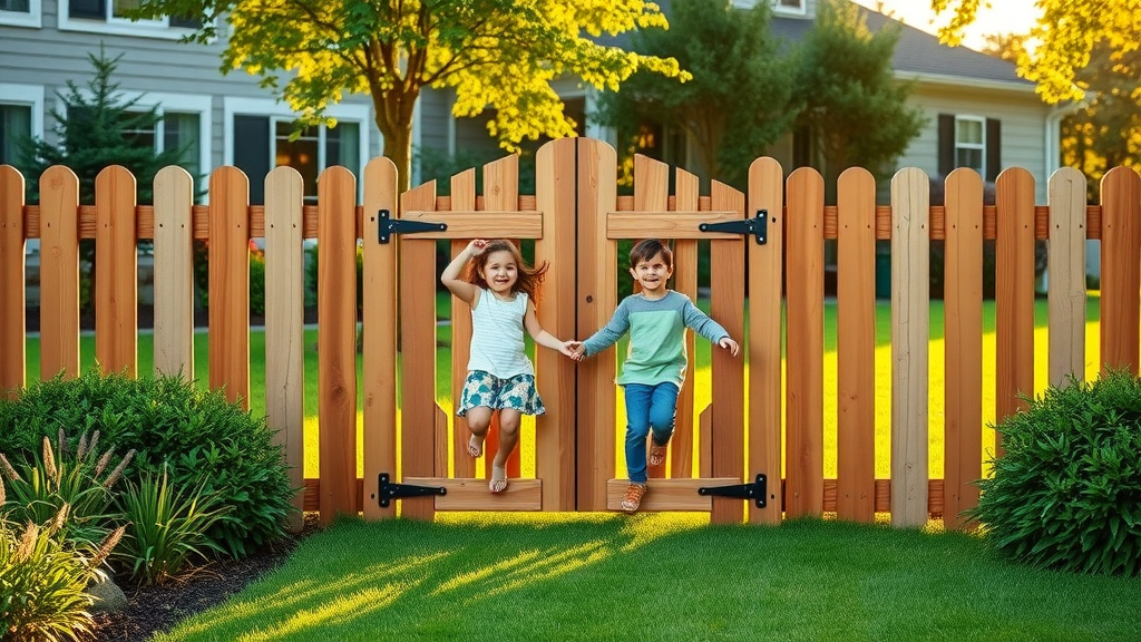 restored wooden fence gate in pristine condition, highlighting a beautiful backyard and well-maintained house landscape after expert gate repair.