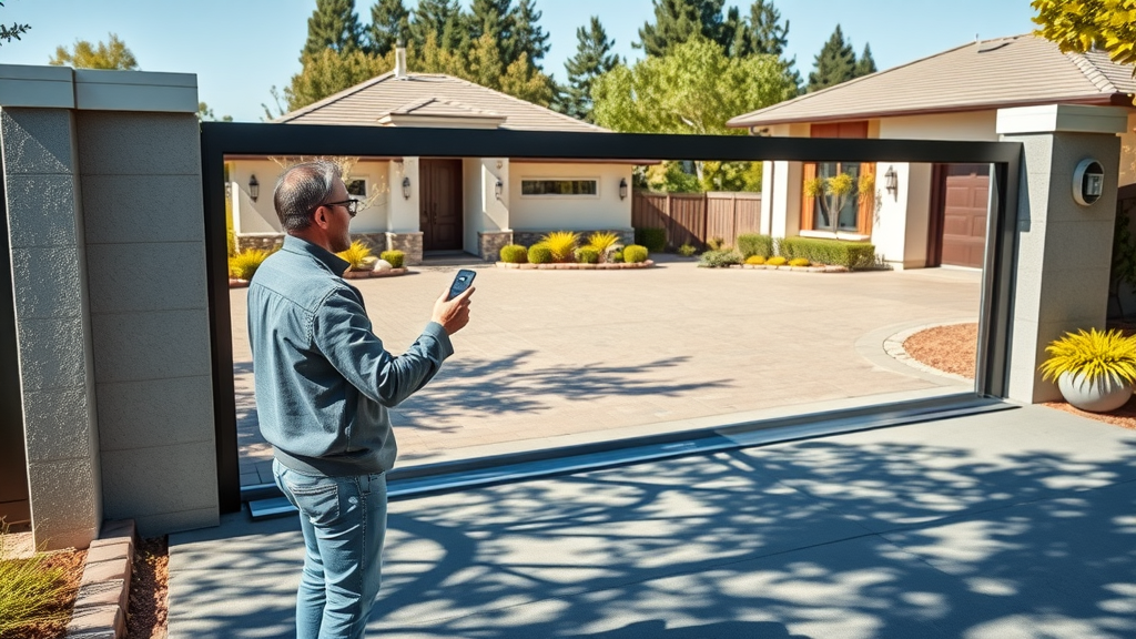 Automated driveway gate installation Sacramento, modern security, gate operator with remote, residential property