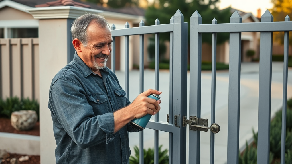 sacramento homeowner performing regular gate maintenance lubricating driveway gate hinges