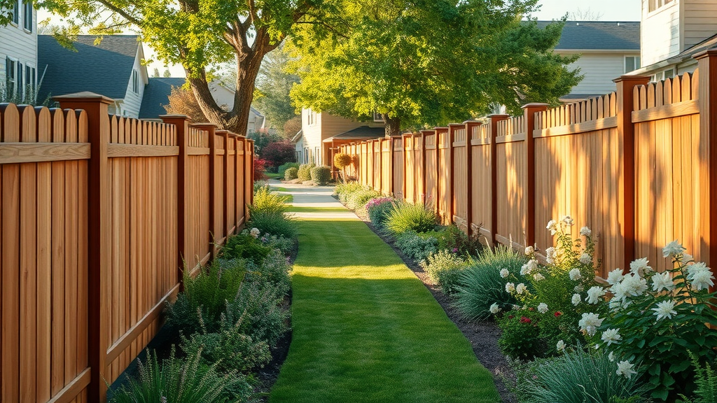 Wood fence installation Roseville in a lush residential neighborhood, elegant wooden fences, vibrant and inviting, sunlit background, well-maintained lawns, blooming gardens, detailed fence grain, warm natural wood color, soft diffused lighting