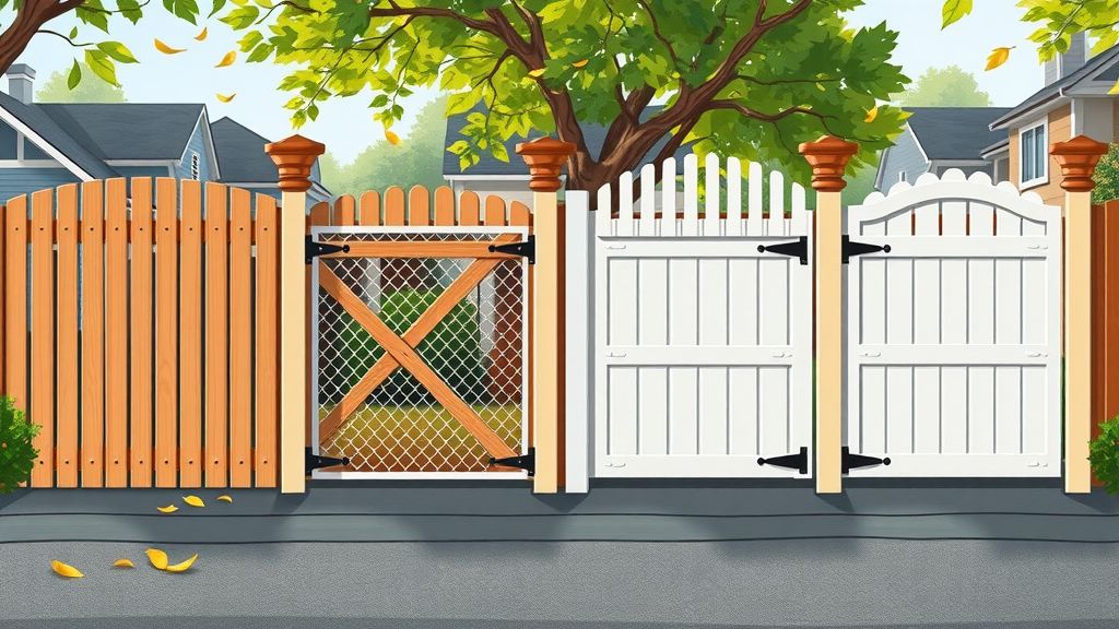 four different residential fence gate styles including wood, chain link, vinyl, and metal side by side on a suburban street