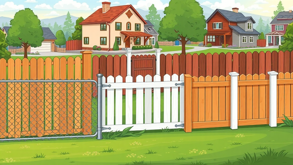 Colorful display of wood, chain link, vinyl, aluminum, redwood fences in Roseville neighborhood, variety of fencing options