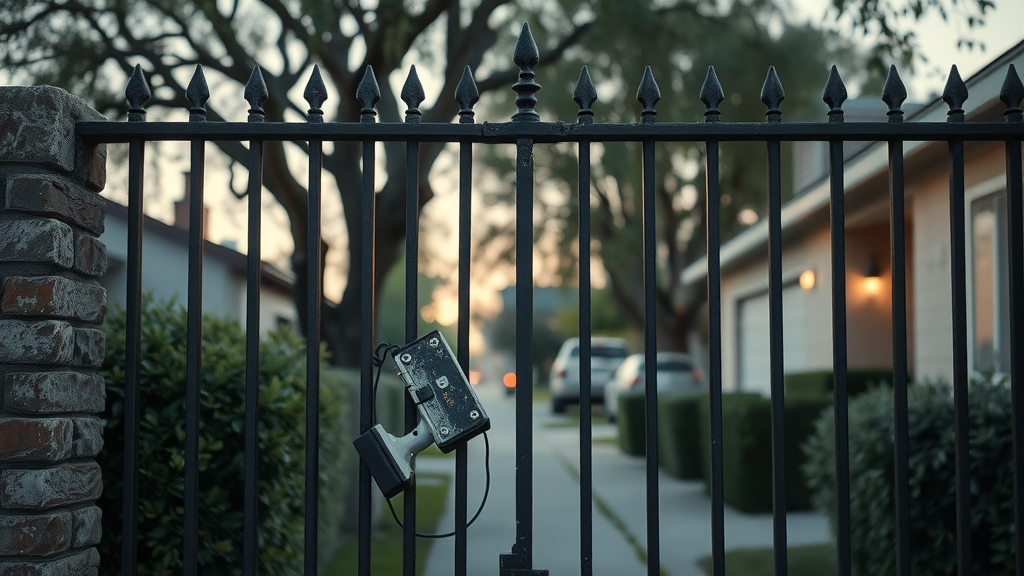damaged wrought iron driveway gate at Sacramento home with broken hinge and security camera at dusk, showing need for gate repair services Sacramento