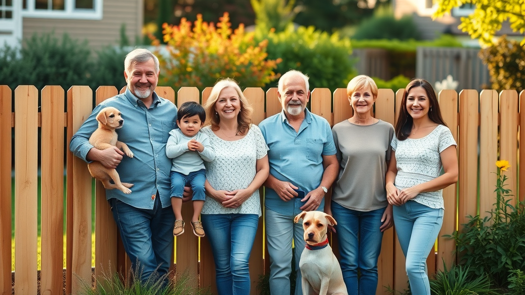 content homeowners with sturdy new wooden garden fence thanks to professional landscaping post hole drilling, landscaped garden, group photo, highly detailed